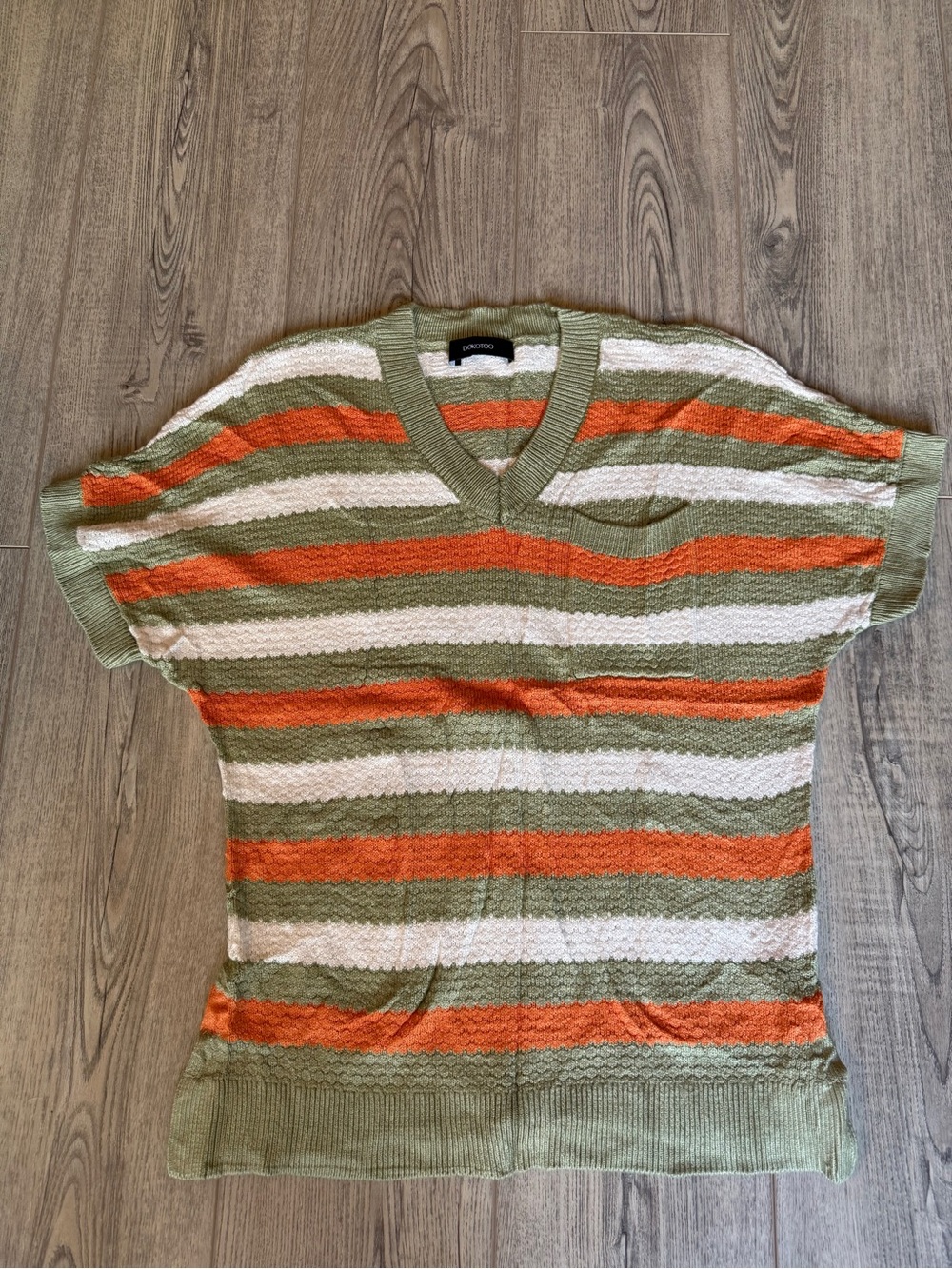 V-Neck Short Sleeve Striped Knit Top in Olive, Orange & White